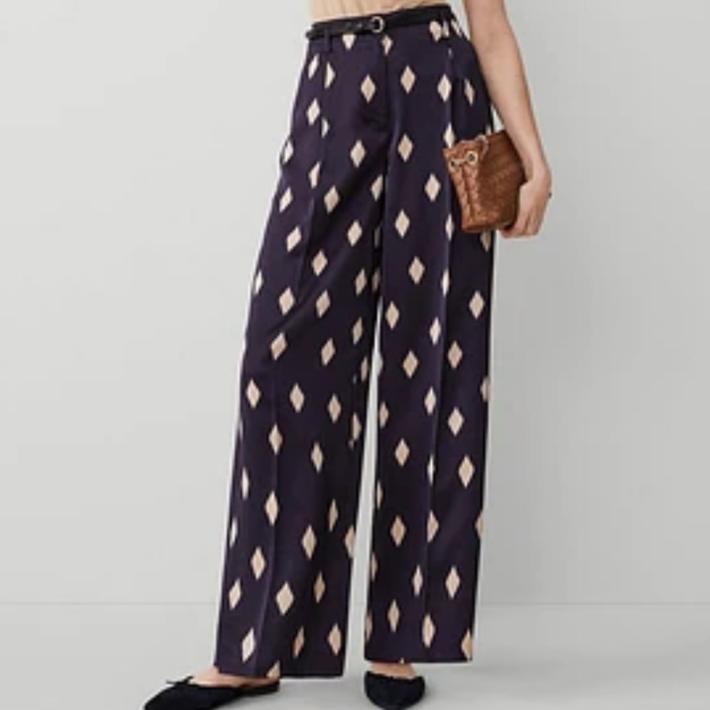 Ann Taylor Women's Black and Cream Patterned Wide Leg Pants